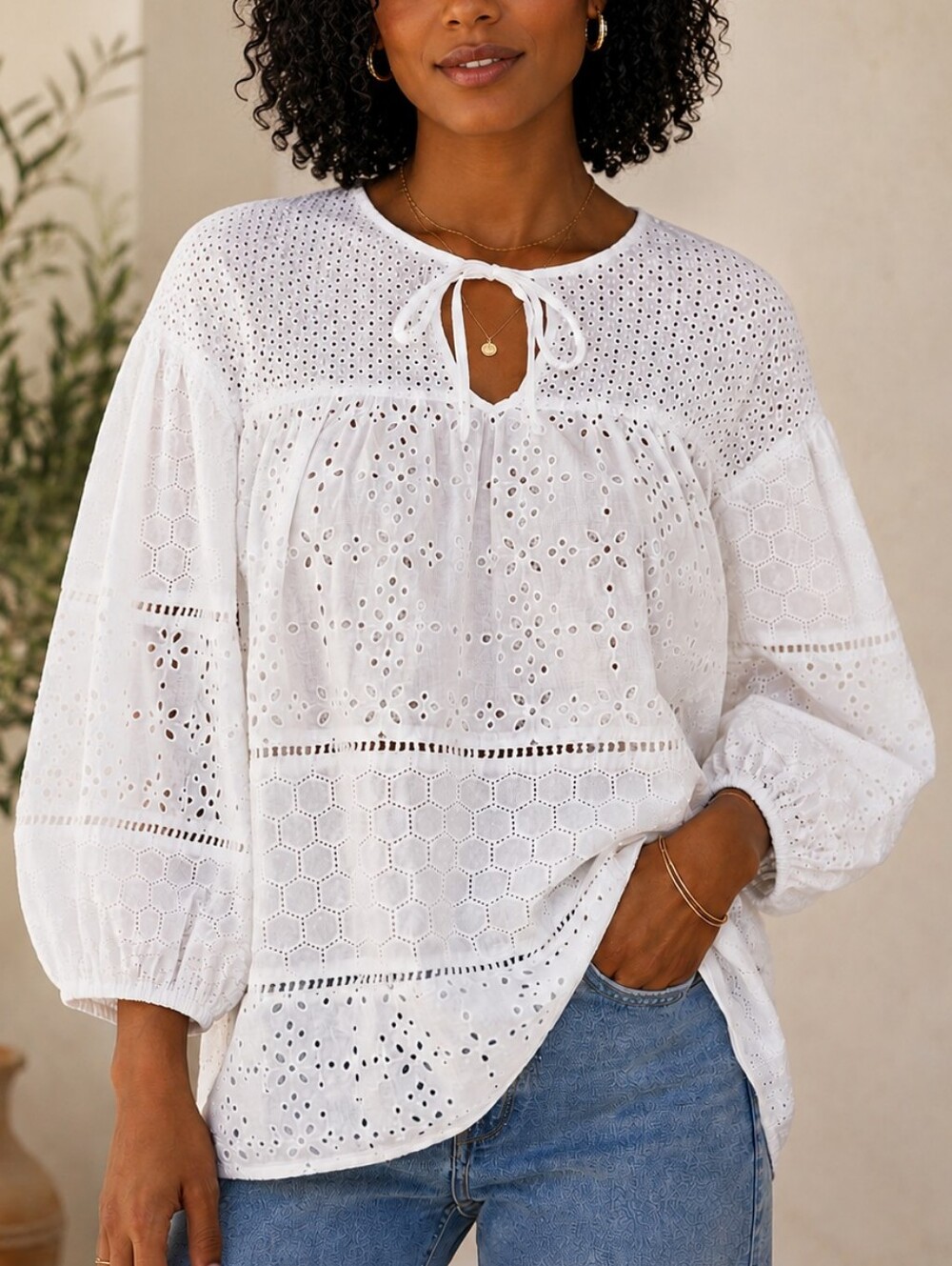 Lauren Ralph Lauren White Eyelet Cotton Boho Blouse M Puff sleeve Cottagecore